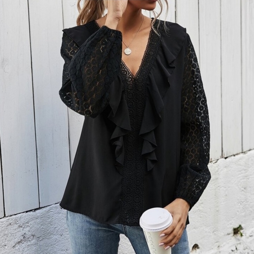 Black V neck and ruffle blouse - Picture 6 of 6